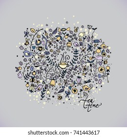 Teatime / Cup of tea – Illustration of organic symbols 