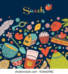 Teatime. Cute vector postcard. Retro design.