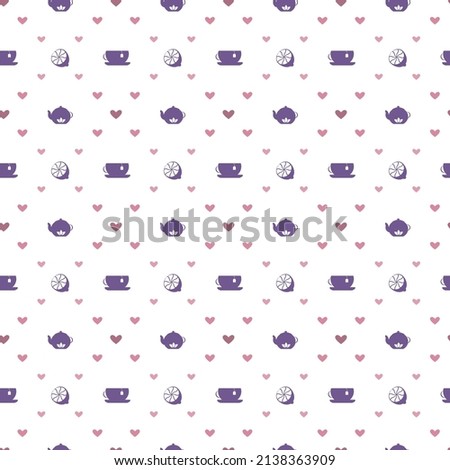 Teatime diagonal grid seamless check pattern. Silhouettes of tableware utencil, teapot, cup, lemon fruit, heart, lilac pink color palette. White easy editable color background. Vector