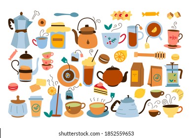 Teatime doodle set. Collection of colorful tea drink pots bags kettle cookies and honey food isolated on white. Unhealthy nutrition with caffeine cartoon vector illustration for print.