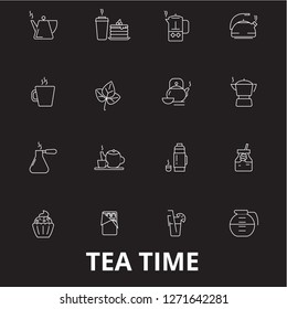 Teatime editable line icons vector set on black background. Teatime white outline illustrations, signs, symbols