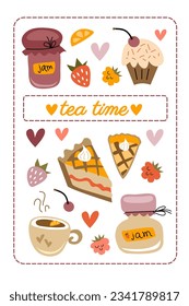 Teatime element set. Cups, sweets and berries. Kitchen towel design. Perfect for scrapbooking, greeting card, stickers. Flat vector illustration.