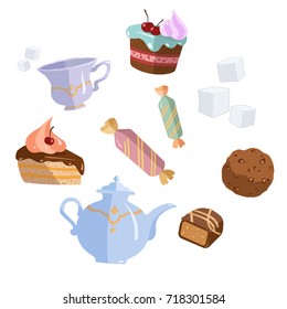 Teatime elements set with teapot, sweets and cookies