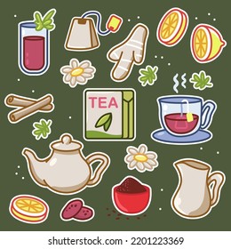 Teatime elements vector cartoon set isolated on background.