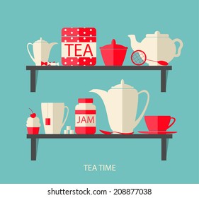 Teatime flat design elements with a tea pot, mug, jam, cake, sweets and sugar, vector illustration