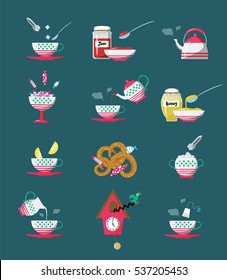Teatime flat icons. Design concept for cafe, confectionery. Tea porcelain, Cuckoo-clock, candies, tea bags, sugar, milk, honey, bagel, lemon, jam.
