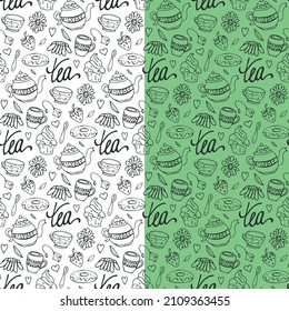 Teatime floral seamless pattern. Hand drawn ink brush stroke, cartoon doodle design. Teapot, cup, cucake symbols outline style elements, lettering. Black line contour. Transparent background. Vector 