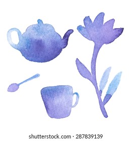 Teatime. Hand-drawn set with teapot. Vector illustration. Real watercolor drawing.