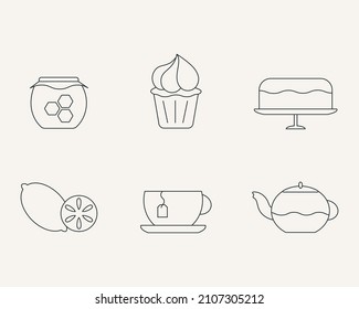Teatime Icons Set. Thin line, black contour, outline design. Isolated elements of tea cup, teapot, honey jar, lemon fruit, cupcake, cake. Vector