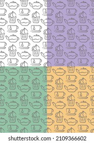 Teatime  outline seamless pattern  Hand drawn pencil stroke icons  Teapot  tea cup  cupcake dessert symbol element  Grey contours  White  green  yellow  lilac easy editable colors background  Vector 