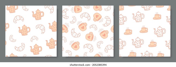 teatime pattern set.tea party seamless pattern.tea with croissant pattern.baking and coffee background.pattern with cup of tea or coffee and a croissant.Print for bakery or cafe for wrap, menu