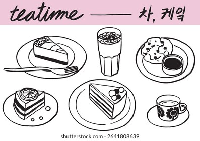 chá, pedaço de bolo, prato, prato, bebida, bebida, chá, xícara, vidro, ilustração de linha