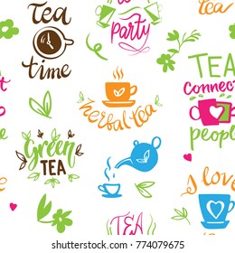 Teatime quote set vector lettering cup of tea vintage print tea time typography poster design teapot five o clock isolated illustration seamless pattern background