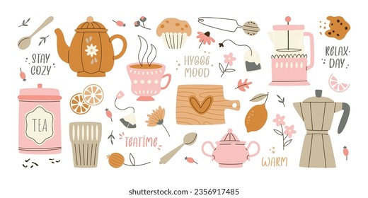 Teatime, relax, hygge mood day set with hand drawn lettering inscription, sweets and coffee tea accessories design in scandinavian style. Teapot, coffee pot, mug, cookies desserts vector illustration