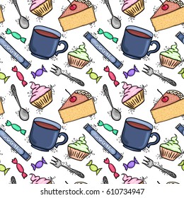 Teatime seamless pattern - cups, desserts and cakes endless cartoon background