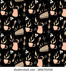 Teatime seamless pattern with cups, kettle, spoon, cake and sugar cubes. Cute design for textile, fabric and other prints