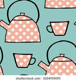 teatime seamless pattern, pink polka dot teapots and cups on a blue background