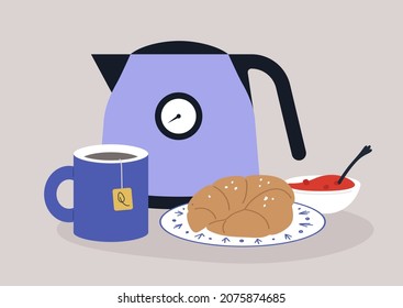 Tea-time set, a kettle, a mug with a teabag brewing in it, a croissant, and a bowl of strawberry jam