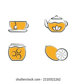 Teatime symbol Icon Set. Thin line, black contour, outline, yellow mango color, flat design. Isolated elements of cup, teapot, honey jar, lemon fruit. Vector illustration