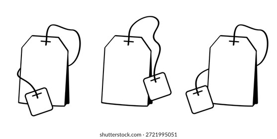 Hora do chá. Saco de chá para xícara de chá ou chá. Teabag, beverag, símbolo. Rótulo de embalagem de ervas e bebidas saudáveis. Rótulo de papel na cadeia de caracteres. Saco de saqueta de chá preto seco em bolsa.