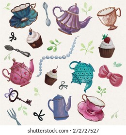 Teatime: tea pot  tea cup  cakes  leaves  ribbons  keys  spoon    Elegant tea time set  Hand drawing 