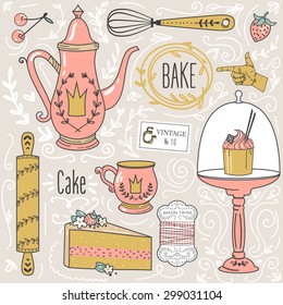 Teatime: tea pot, tea cup, cakes, leaves,baking items, decorative design elements.