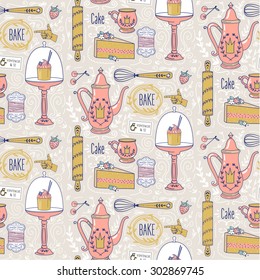 Teatime: tea pot, tea cup, cakes, leaves,baking items, decorative design elements. Seamless pattern