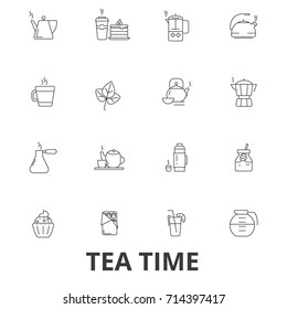 Teatime, tea, teacup, cafe, tea party, afternoon drinks, cupcake, pot line icons. Editable strokes. Flat design vector illustration symbol concept. Linear signs isolated