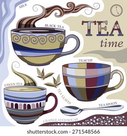 Teatime. Vector illustration with cups of aromatic tea, spoon, leaves, milk and  sugar. 