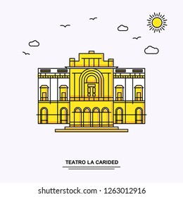 TEATRO LA CARIDED Monument Poster Template. World Travel Yellow illustration Background in Line Style with beauture nature Scene