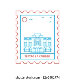 TEATRO LA CARIDED postage stamp Blue and red Line Style, vector illustration