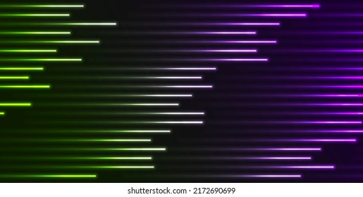 Tech abstract background with green purple neon laser lines. Glowing futuristic vector design