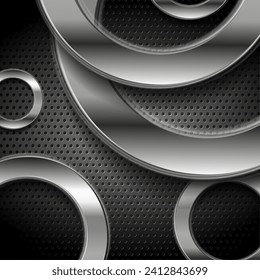 Tech abstract background with silver circles on perforated metallic texture. Vector geometry design