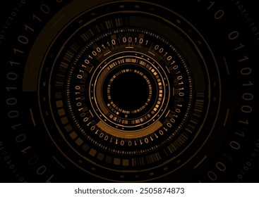 Tech abstract background with UI circular elements and binary code. Futuristic orange vector design