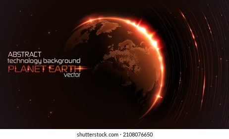 Tech abstract futuristic background. Vector. Sunrise. Satellites and rockets in orbit of planet Earth. Plasma clot of energy. Glowing rays with flickering particles. Science and technology.