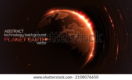 Tech abstract futuristic background. Vector. Sunrise. Satellites and rockets in orbit of planet Earth. Plasma clot of energy. Glowing rays with flickering particles. Science and technology.