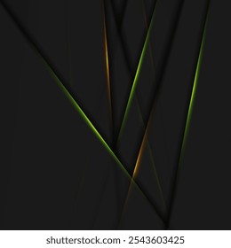 Tech abstract geometric background with green orange neon glowing lights. Vector design