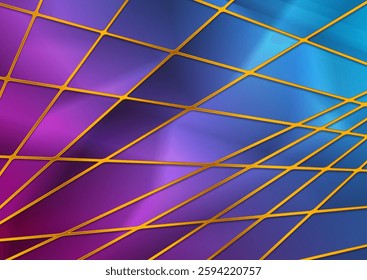 Tech abstract geometric glossy background with golden striped grid. Vector design