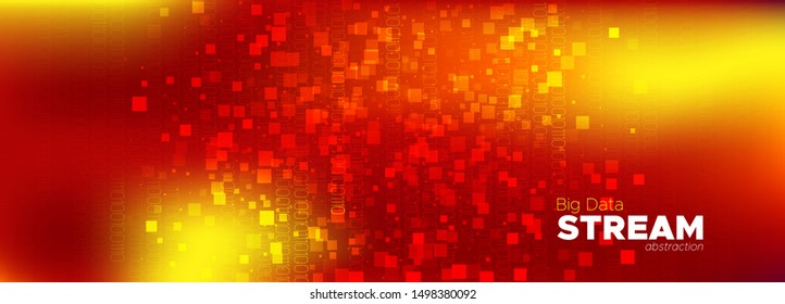 Tech Abstract. Glow Digital Particles. Big Data Concept. Red Information Binary Technology. Yellow Tech Banner. Particle Future. Big Data Stream. Neon Binary Numbers Movement. Orange Tech Poster.
