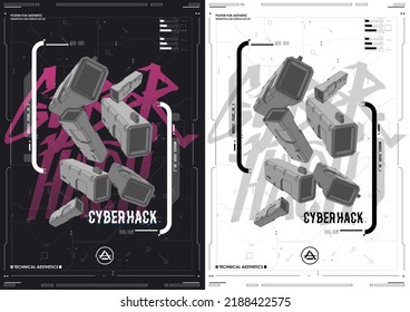 Tech Abstract poster template with HUD elements. cyber culture, Modern flyer for web and print. hacking, Cyberpunk futuristic poster. programming and virtual environments.