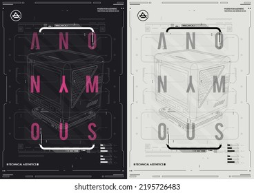 Tech Abstrakte Plakatvorlage mit HUD Elementen. Cyberkultur, Moderner Flyer für Web und Print. Hacken, Cyberpunk-futuristisches Poster. Programmierung und virtuelle Umgebungen.