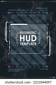 Plantilla de afiche de Tech Resumen con elementos HUD. cibercultura, volante moderno para web e impresión. hackeo, afiche futurista de Cyberpunk. programación y entornos virtuales.