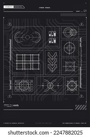 Tech Abstract poster template with HUD elements. cyber culture, Modern flyer for web and print. hacking, Cyberpunk futuristic poster. programming and virtual environments.