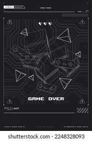 Plantilla de afiche de Tech Resumen con elementos HUD. cibercultura, volante moderno para web e impresión. hackeo, afiche futurista de Cyberpunk. programación y entornos virtuales.