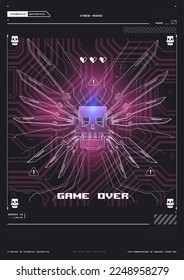 Tech Abstract poster template with HUD elements. cyber culture, Modern flyer for web and print. hacking, Cyberpunk futuristic poster. programming and virtual environments.