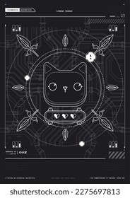 Plantilla de afiche de Tech Resumen con elementos HUD. cibercultura, volante moderno para web e impresión. hackeo, afiche futurista de Cyberpunk. programación y entornos virtuales.