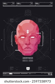 Tech Abstract poster template with HUD elements. cyber culture, Modern flyer for web and print. hacking, Cyberpunk futuristic poster with robot face. programming and virtual environments.