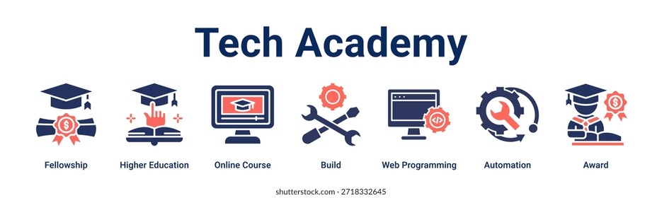 Tech Academy banner web icon vector illustration concept for education with icon of Fellowship, Higher Education, Online Course, Build, Web Programming, Automation.