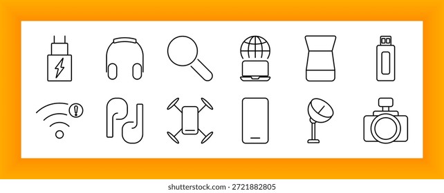 Ícone do conjunto de acessórios técnicos. Carregador, fones de ouvido, lupa, laptop, alto-falante inteligente, unidade flash, wifi, fones de ouvido, drone, smartphone, satélite, câmera mostrada.