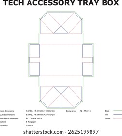 Plantilla troquelada de la caja de la bandeja del accesorio de la tecnología con las dimensiones y las líneas del pliegue